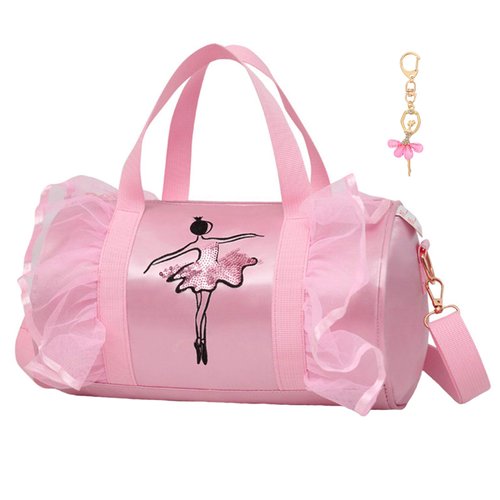 Dorlubel Cute Ballet Dance Bag Gym Travel Duffle Bag for Girls Tutu Dress Bag with Key Chain for Girls (Pink2 of Long Mesh)