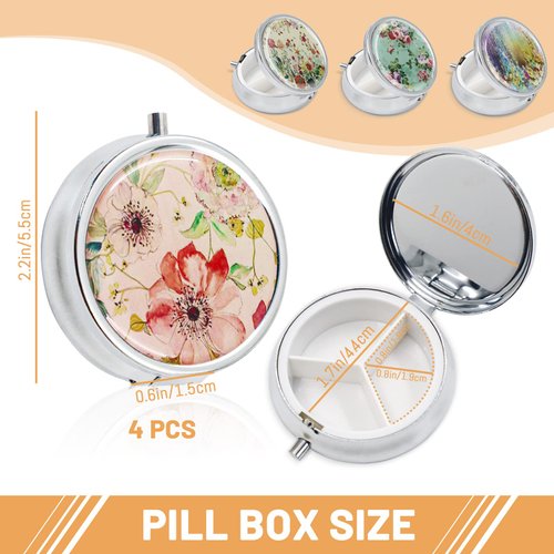 Modixun 4 Pack Elegant Small Pill Box, 3 Compartments Pill Case for Purse Pocket with Mirror, Metal Travel Portable Medicine Tablet Vitamin Holder Organizer Container, Style A
