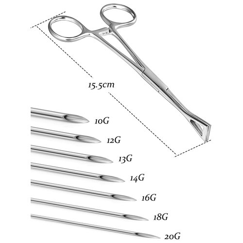 Vsnnsns Triangle Slotted Locking Forceps Piercing Clamps Tools with 10G 12G 13G 14G 16G 18G 20G Piercing Needles for Eyebrow Ear Lip Navel Tongue Nose Septum Piercing Rings 25Pcs