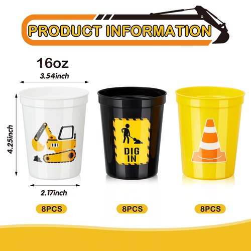 Domensi 24 Pcs Construction Party Cups 16oz Construction Themed Birthday Party Favors Dig in Party Excavator Stadium Cup Plastic Cups for construction themed parties, picnics, barbecues