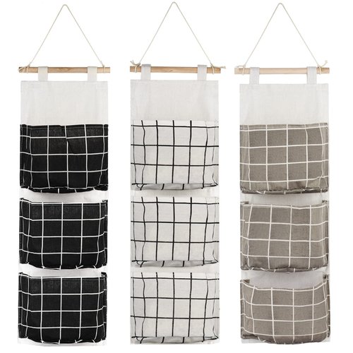 AUHOKY 3Pcs Wall Closet Hanging Storage Bag, Premium Linen Fabric Over The Door Organizer, Hanging Storage Pouches with 3 Pockets for Bedroom Bathroom - Waterproof & Stylish (Black/Gray/White)