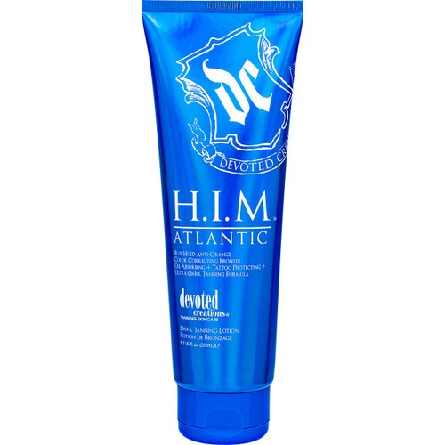 Devoted Creations H.I.M Atlantic Tanning Lotion - Blue Hued Anti-Orange Color Correcting Bronzer - Oil Absorbing + Tattoo Protecting + Ultra-Dark Tanning Formula 8.5 oz.