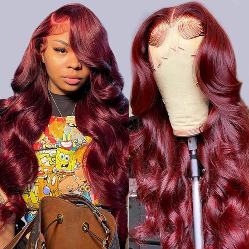 ROYAL IMPRESSION 99j Burgundy Lace Front Wigs Human Hair Glueless Wine Red Colored Body Wave Wigs Pre Plucked with Baby Hair 180% Density 13x4 HD Transparent Lace Frontal Wigs for Women (24 Inch)