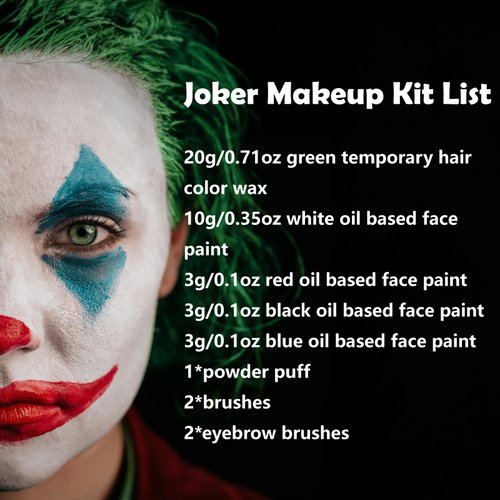 Halloween Joker Clown Makeup Kit - Joker Make Up Kit Includes White Red Black Blue Oil Based Face Body Paint and 20g Green Temporary Hair Color Wax, Powder Puff and 2 Blue Brushes, for Joker Cosplay