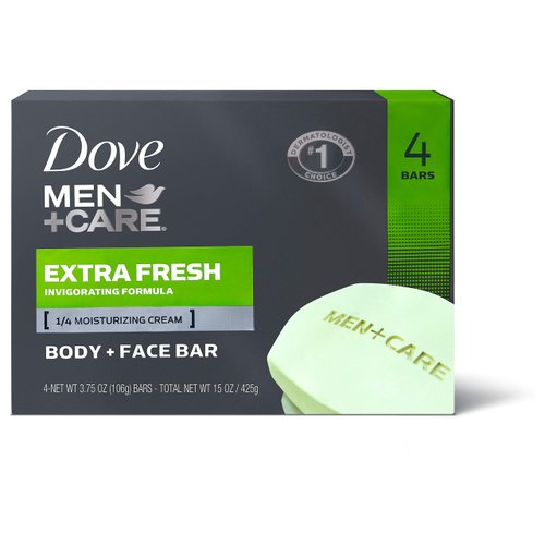 Dove Men+Care 3 in 1 Bar for Body, Face, and Shaving to Clean and Hydrate Skin Extra Fresh Body and Facial Cleanser More Moisturizing Than Bar Soap 3.75 oz 4 Bars