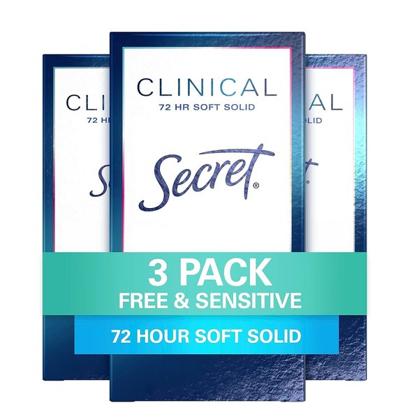 Secret Antiperspirant Clinical Strength Deodorant for Women, Soft Solid, Paraben Free, Dye Free, Sensitive Unscented for Sensitive Skin, 1.6 Oz (Pack of 3)Packaging may vary