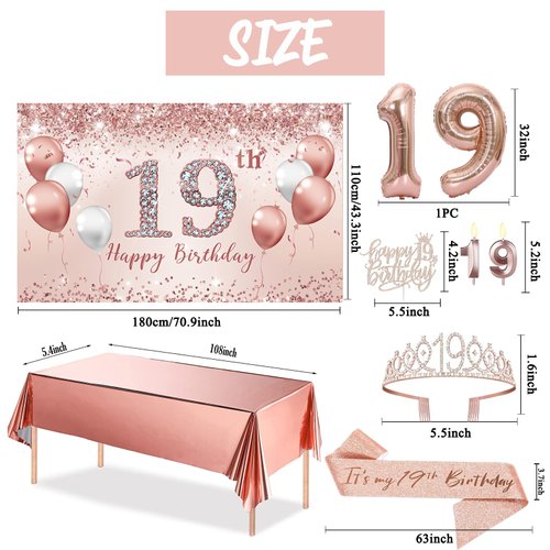 Trgowaul 19th Birthday Decorations Party Set for girls, Rose Gold 19 Birthday Banner and Tablecloth, 19& Fabulous Sash and Tiara, 1PC Happy 19th Birthday Cake Topper, Pink Gold 19 Number Balloons