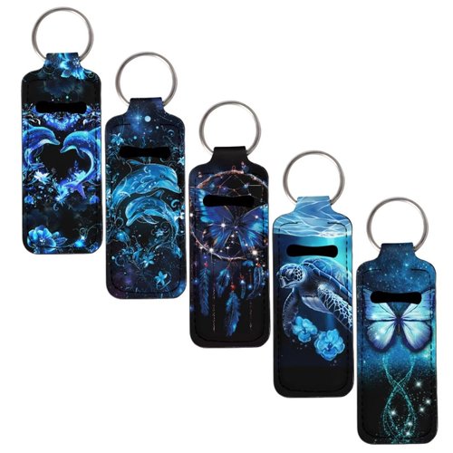SEANATIVE Blue Dolphin Butterfly Chapstick Holder 5 PCS Lipstick Holder Keychain Lipstick Sleeve Pouch Lip Balm Holder Lipstick Bag for Keychain Travel Accessories Gift for Girls and Women