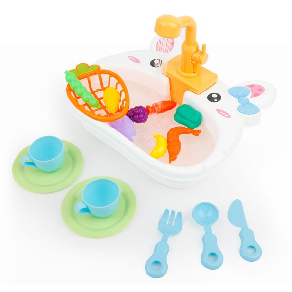 Ruibytree Play Kitchen Sink Toy, Water Toys for Kids with Electronic Dishwasher, Pretend Play Utensils Accessories and Play Cutting Food for Boys and Girls (Rabbit)