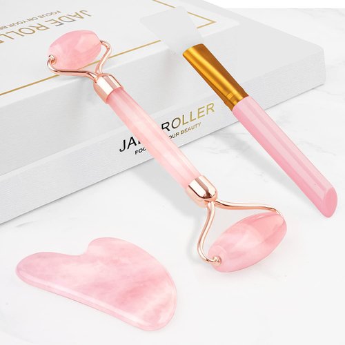 Jade Roller & Gua Sha 3 in 1 Set Real Jade Roller for Face - Face Roller, Natural Skin Care Tools - Face Massager, Facial Roller for Skin, Body, Eyes, Neck - Tones, Firms, Depuff (Rose Quartz Jade)