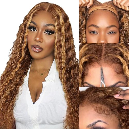 QNQZ 24 Inch Wear and Go Glueless Wigs Human Hair Pre Plucked Pre Cut Ombre Highlight Curly Wig Human Hair for Women 180% Density 13x4 HD Lace Front Wigs Human Hair 3S Ready to Wear for Beginners