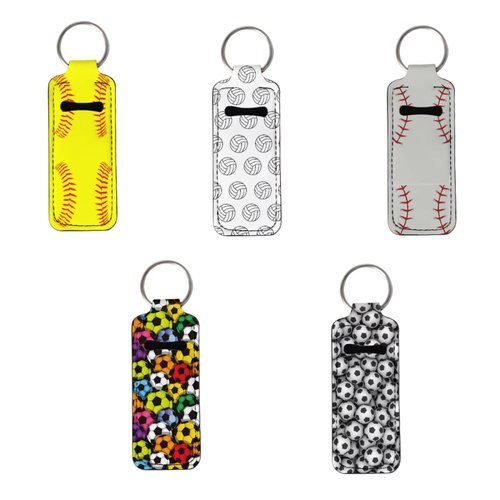 PCSJRKG Soccer Neoprene Chapstick Holder Keychain 5 Pack, Baseball Ball Portable Lip Balm Holder Keychain Bulk, Lipstick Holder Sleeves Keychain Chapstick Sleeves with Keyring
