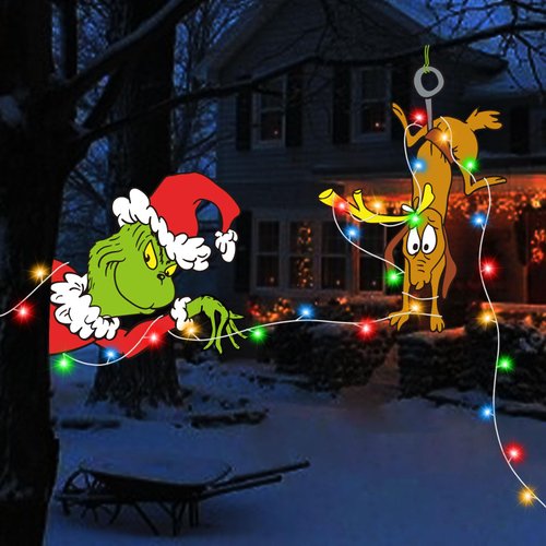 GYGOT 2PCS Christmas Fence Peeker with LED String Lights,Christmas Yard Decorations Outdoor,Christmas Decor for Tree Topper Fence Yard Garden Lawn