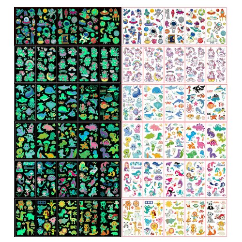 Temporary Tattoos For Kids, 300+ Mixed Styles Tattoos Stickers Set For Girls And Boys,Mermaid/Dinosaur/Space, Glow Party Supplies Goody Bag Stuffers