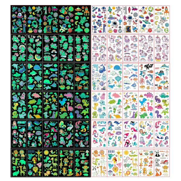Temporary Tattoos For Kids, 300+ Mixed Styles Tattoos Stickers Set For Girls And Boys,Mermaid/Dinosaur/Space, Glow Party Supplies Goody Bag Stuffers