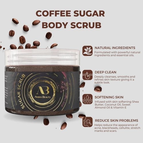 AB Amira Beauty Sugar Body Scrub - Moisturizing, Exfoliating Deep Skin Cleanser. Reduces Acne, Cellulite, Stretch Marks, Dead Skin, Scars, and Wrinkles 14oz (Coffee)