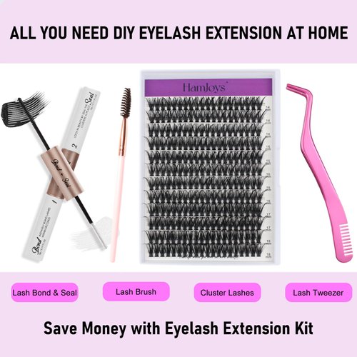 HAMJOYS DIY Eyelash Extension Kit Individual Lashes Cluster D Curl, 14-18mm Mix Lash Clusters with Lash Bond and Seal and Lash Applicator Tool for Self Application at Home (50D-0.07D-14-18MIX KIT)