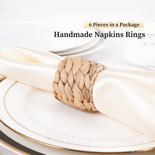 WOHIWO Napkin Rings Set of 6, Farmhouse Napkin Rings Table Decor Handmade by Natural Water Hyacinth, Fall Rustic Napkin Rings for Thanksgiving, Christmas, Wedding Table Decoration