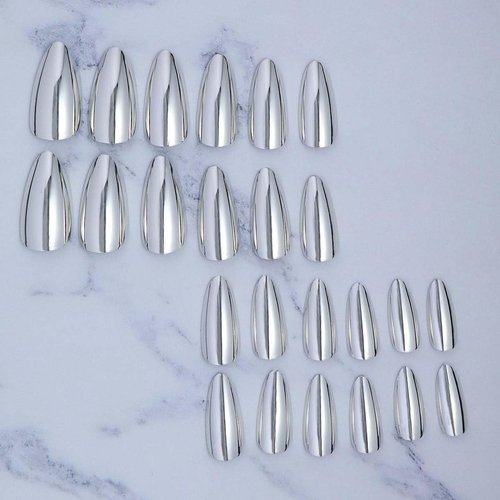 Silver Chrome Press on Nails Almond Fake Nails with Medium False Nails Design Acrylic Artificial Nails Glossy Glue on Nails Full Cover Stick on Nails for Women Girls Manicure Art 24Pcs