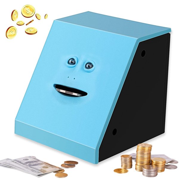Face Bank, Piggy Bank Coin Eater Funny Bank, sunsbell Money Eating Coin Bank Piggy Bank Boalord, Battery Powered Money Saving Box, Wacky Coin Jar Face Coin Bank - Blue