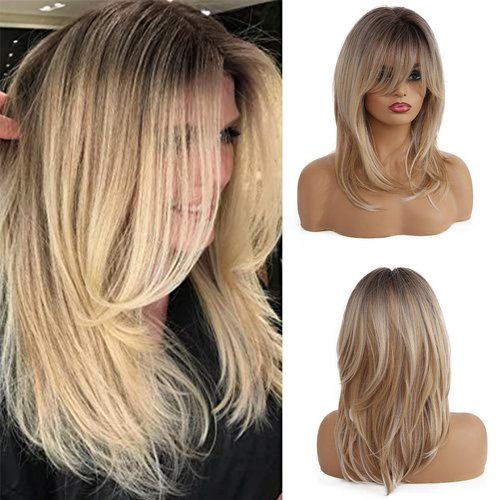 Esmee Synthetic Wigs Long Straight Layered Hairstyle Ombre Black Blonde Gray Ash Full Wigs with B...