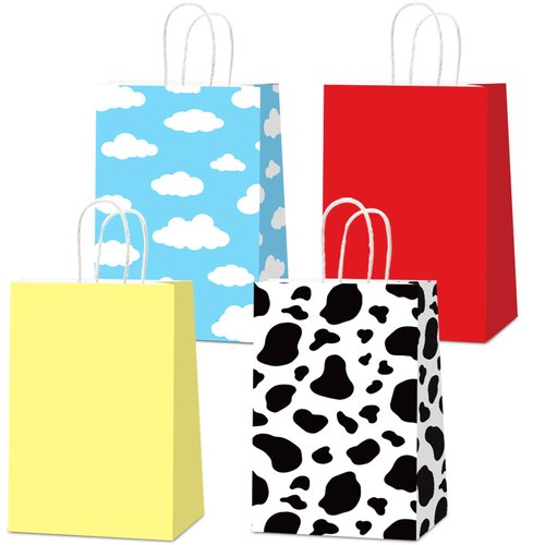 CHUNNIN 24Pcs Cartoon Story Birthday Party Paper Gift Bags Toy Inspired Game Story Party Goodie Bag Cow Print Sky Blue Cloud Treat Bag Decoration for Kids Toy Birthday Baby Shower Party Supplies