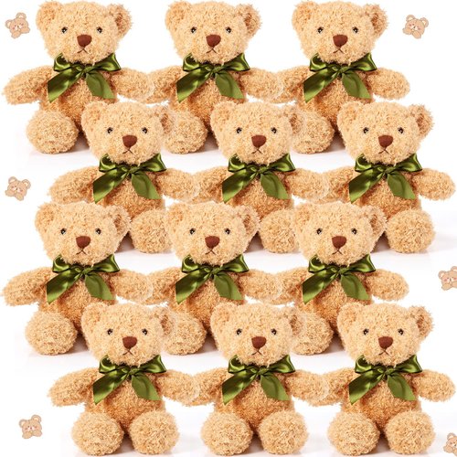 HyDren 12 Pieces Operation Christmas Bears Stuffed Animals Soft Plush Toy Bears with Ribbon Bow for Birthday Valentine's Day Baby Shower Bear Party Favor (Light Brown, 10 Inch)