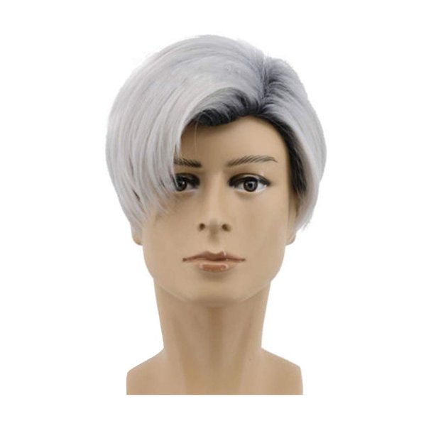 MIPPER Men's Gradient Color 11'' Short Straight Wig Black Hair Roots to Silver Gray Halloween Cosplay Costume Wig