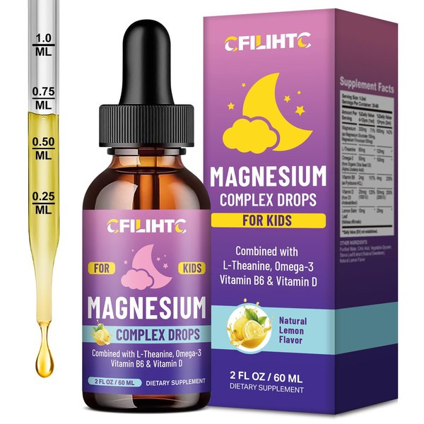 Kids Magnesium Liquid Drops-Magnesium Glycinate Liquid for Kids Supplement-w/L-theanine, Omega-3, Vitamin B6, D3 - for Sleep, Relaxation, Brain, Bones - Lemon Flavor, 2 Fl Oz