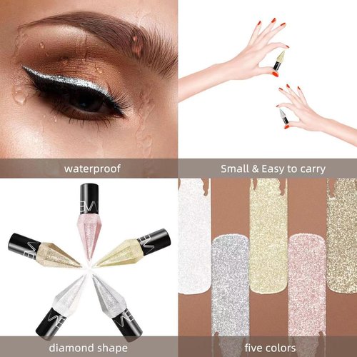 FUFANMEI Glitter Liquid Eyeliner Colorful Set, 5 Colors Metallic Shimmer White Silver Gold Diamond Eye Liner for Women Girl Long Lasting Professional Smudge Proof, Natural Perfect Eye Makeup Glitter