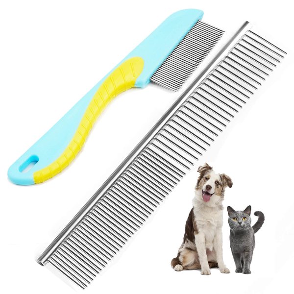 2 Pack Dog Combs, Premium Cat Comb for Removing Tangles, Knots and Floating Hair. Stainless Steel Dog Grooming Tools, Metal Flea Comb, Pet Combs with Rounded Teeth.