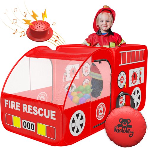 Kiddey Fire Truck Play Tent for Kids - Firetruck Tents with Sirens and Fireman Sound Button for Girls, Boys, & Toddlers Gifts - Red Fire Engine Pop Up Playhouse for Toddler - Indoor & Outdoor