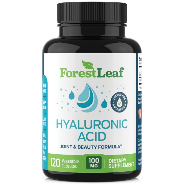 ForestLeaf - Hyaluronic Acid Supplements - 120 Vegetable Capsules - 100mg Dietary Hyaluronic Acid + 50mg Vitamin C Joint & Anti Aging Beauty Formula - Supports Skin Hydration, Joints, Bones & Hair