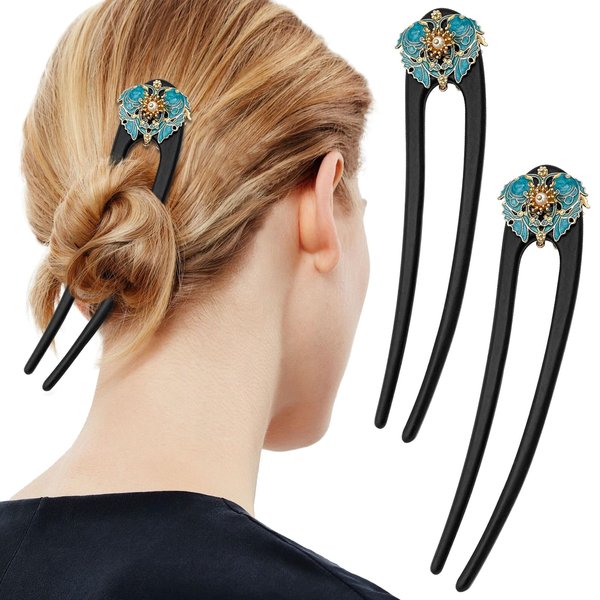 2Pcs U Shape Wooden Hair Sticks French Hair Pins Double Fish Hair Chopsticks Retro Sandalwood Hair Forks Chignon Bun Updo Hairstyle Accessories for Women Girls