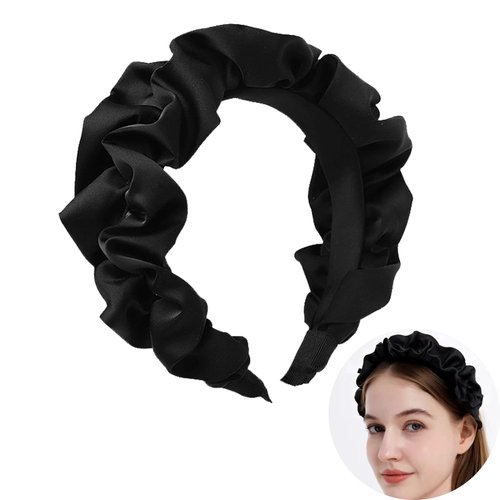 KELUBATU Girls Fashion Hairband Satin Pleated Headband Wide Lace Fabric Hairband Beauty Niche Show Face Small Daily Headband Hair Accessories (Black 1pcs)
