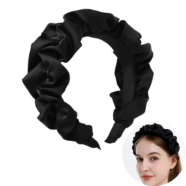 KELUBATU Girls Fashion Hairband Satin Pleated Headband Wide Lace Fabric Hairband Beauty Niche Show Face Small Daily Headband Hair Accessories (Black 1pcs)