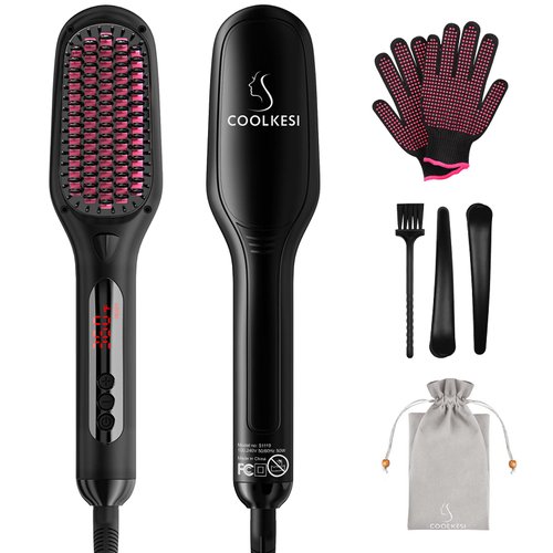 Ionic Hair Straightener Brush by COOLKESI, 30s Fast MCH Ceramic Heating Hair Straightening Brush with Anti Scald Feature, Auto-Off & Dual Voltage, Portable Frizz-Free Silky Electric Straightening Comb