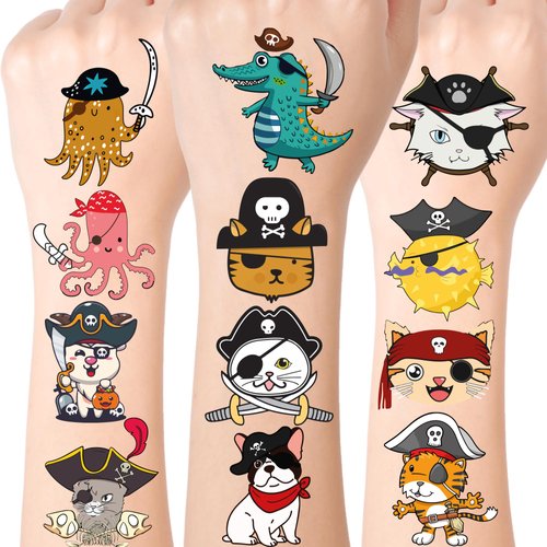 56 PCS Pirate Temporary Tattoos for Party Supplies, Temporary Tattoo Stickers for Birthday, Shark Tattoos Party Favor Activities, Waterproof Birthday Temporary Tattoos. (Animal Multi Color)