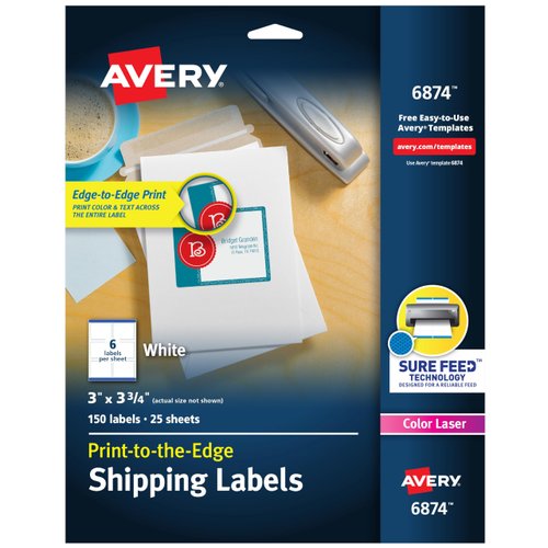 Avery Printable Shipping Labels with Sure Feed, 3" x 3.75", White, 150 Blank Mailing Labels (6874)