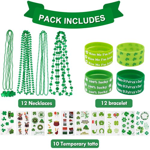 Whaline St. Patrick's Day Party Favor Set Include 12 Green Rubber Wristbands bracelet, 12 Shamrock Necklace and 70 Piece Temporary Tattoo Sticker for St. Patrick Irish Party Supplies Decorations