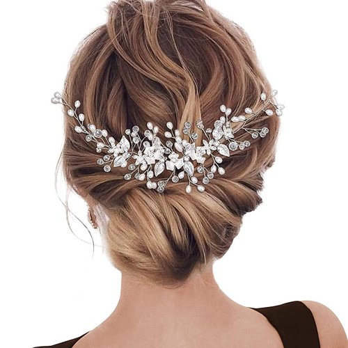 SONGQEE Flower Bride Wedding Hair Vine - Shiny Crystal Pearl Diamond Long Hair Band - Girls' Wedding Hair Accessories - Women's Dancing Party Hair Accessories - Elegant Wedding Headwear