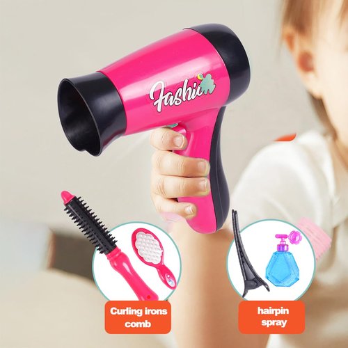 JXJ 16 PCS Pink Pretend Play Hairstyling Set for 2-3 Year Old Girls - Includes Hair Dryer, Hair Clips, Stylist Apron and Bag - Ideal Birthday for Granddaughters and Daughters