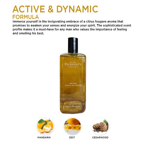 Pecksniff's Men's Luxurious Moisturizing Bath & Shower Gel | Luxury Shower with Zesty Citrus Fougere Aroma | Body Wash Men | Invigorating Active Scent, 500ml