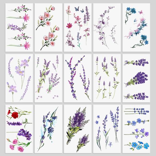 Oottati 15 Sheets Small Cute Hand WristTemporary Tattoo Stickers Watercolor Purple Lavender Violet Flower Tiny Floral For Women Girls