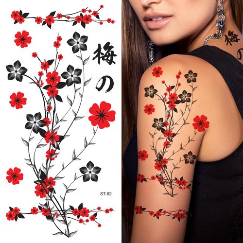 Supperb® Flower & Autumn Leaves Temporary Tattoos Gorgeous Color Tattoos (Red Plum Flowers)