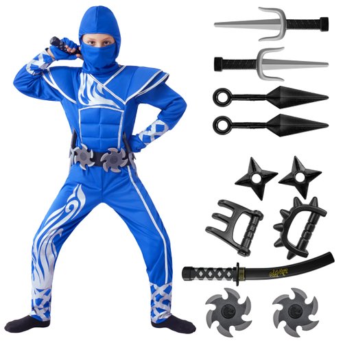 Spooktacular Creations Kids Halloween Ninja Costume, Blue&Silver Ninja Costume for Boys, Ninja Kung-Fu Outfit, Teen Halloween Costumes for DressUp and Themed Party (Small (5-7 yrs))