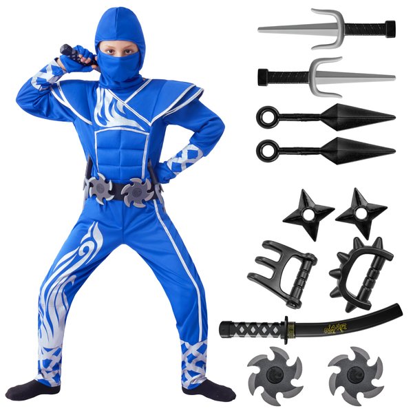 Spooktacular Creations Kids Halloween Ninja Costume, Blue&Silver Ninja Costume for Boys, Ninja Kung-Fu Outfit, Teen Halloween Costumes for DressUp and Themed Party (Small (5-7 yrs))