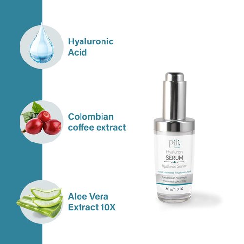 Pili Hyaluronic Serum | Concentrated Hyaluronic Acid Serum with Aloe Vera and Coffee extract | Best Anti- Aging, Anti-Wrinkle formula for Face - Suero Concentrado de Acido Hialuronico| 1 oz