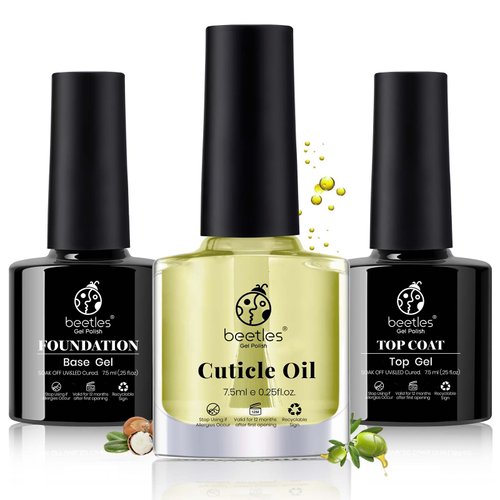 Beetles 3pcs 7.5ml Gel Top Coat Base Coat & Cuticle Oil Set, No Wipe Top Gel Glossy Shine Long Lasting Gift for Her, Cuticle Protectors Kit Oil Care for Dry, Damaged Cuticles, Stronger Nails