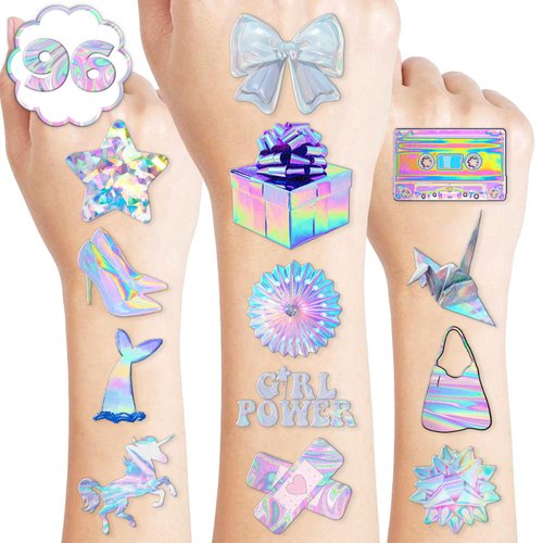 105 PCS Holographic Star Birthday Party Decorations Favors Supplies Temporary Tattoos Decor Pink Bubble Mermaild Disco Club Stickers For Boys Girls Gift School Prizes Rewards